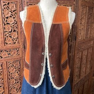 Vintage 70s Two Tone Western Patchwork Suede leather Shearling Trucker Vest
